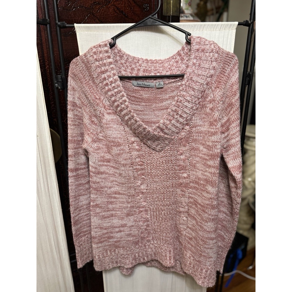 Jason Maxwell Women's Small Pink Cream Marled Cable Knit Cowl Neck Sweater